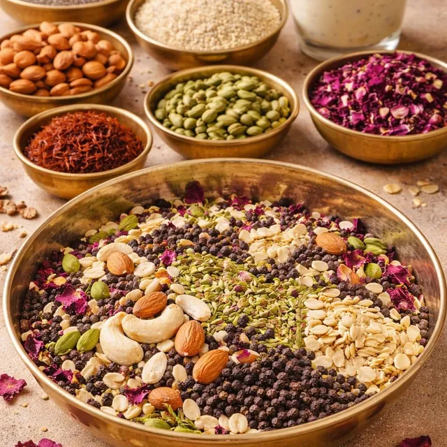 Bowls of nuts, seeds, roses, and thandai ingredients